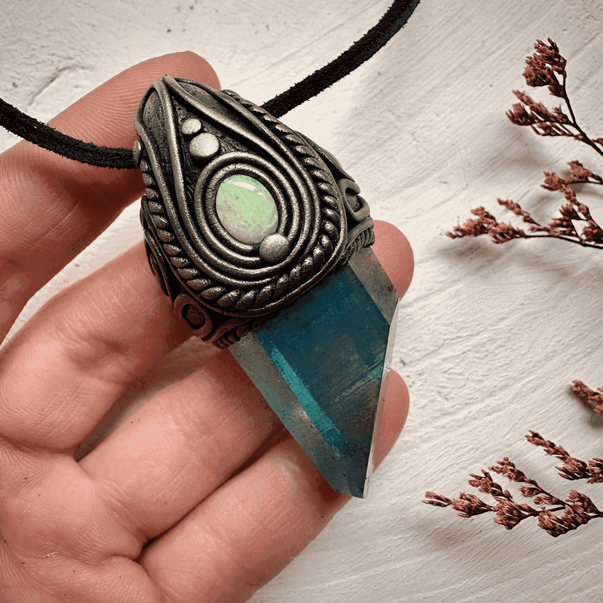 Aqua Aura Quartz and Australian Opal Necklace - FairyGardenGlow