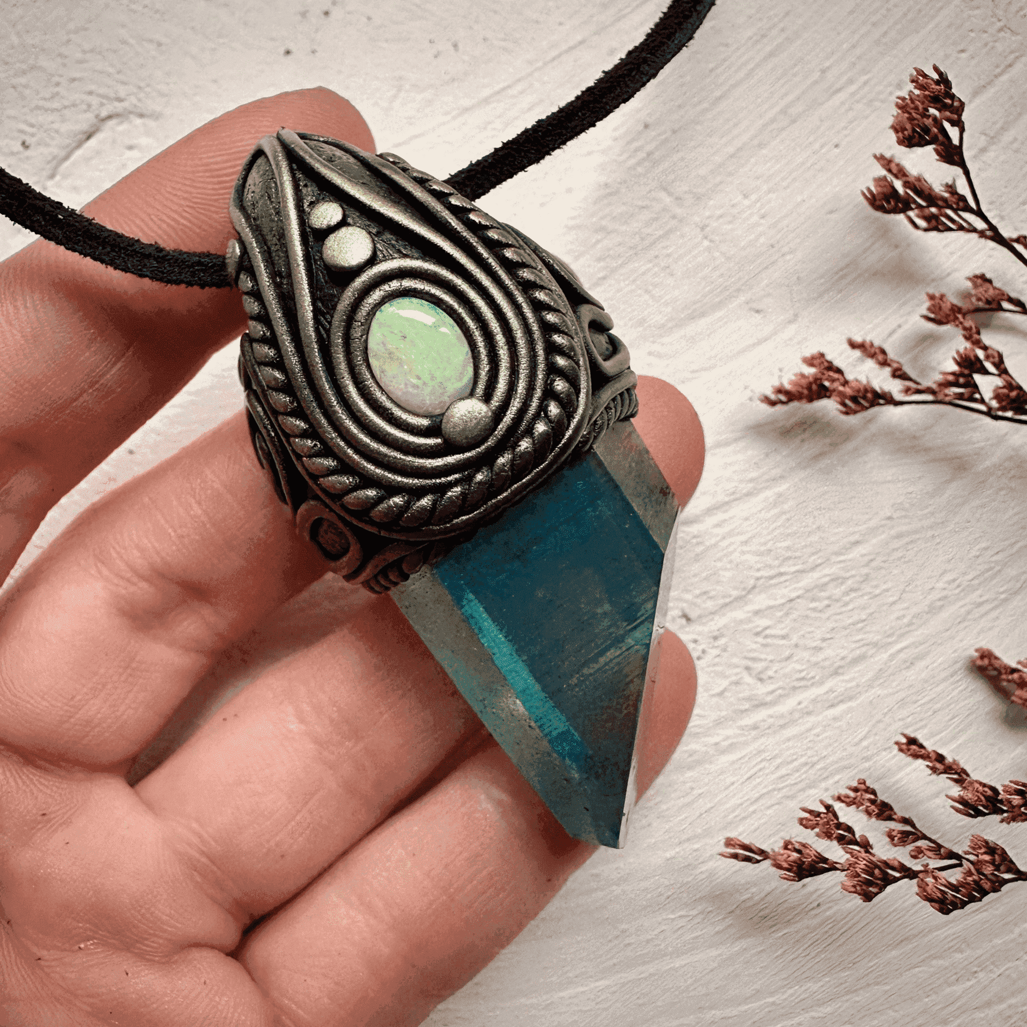 Aqua Aura Quartz and Australian Opal Necklace - FairyGardenGlow