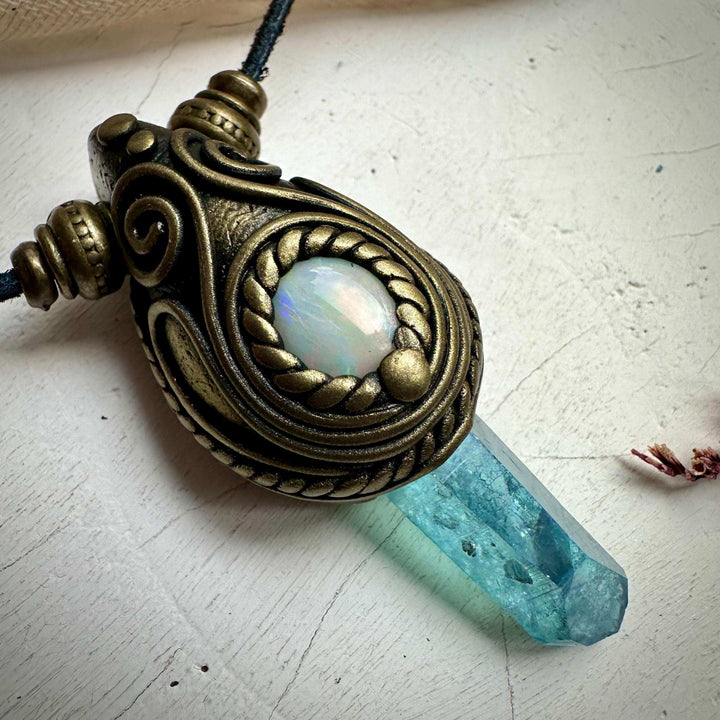 Aqua Aura Quartz and Australian Opal Necklace - FairyGardenGlow