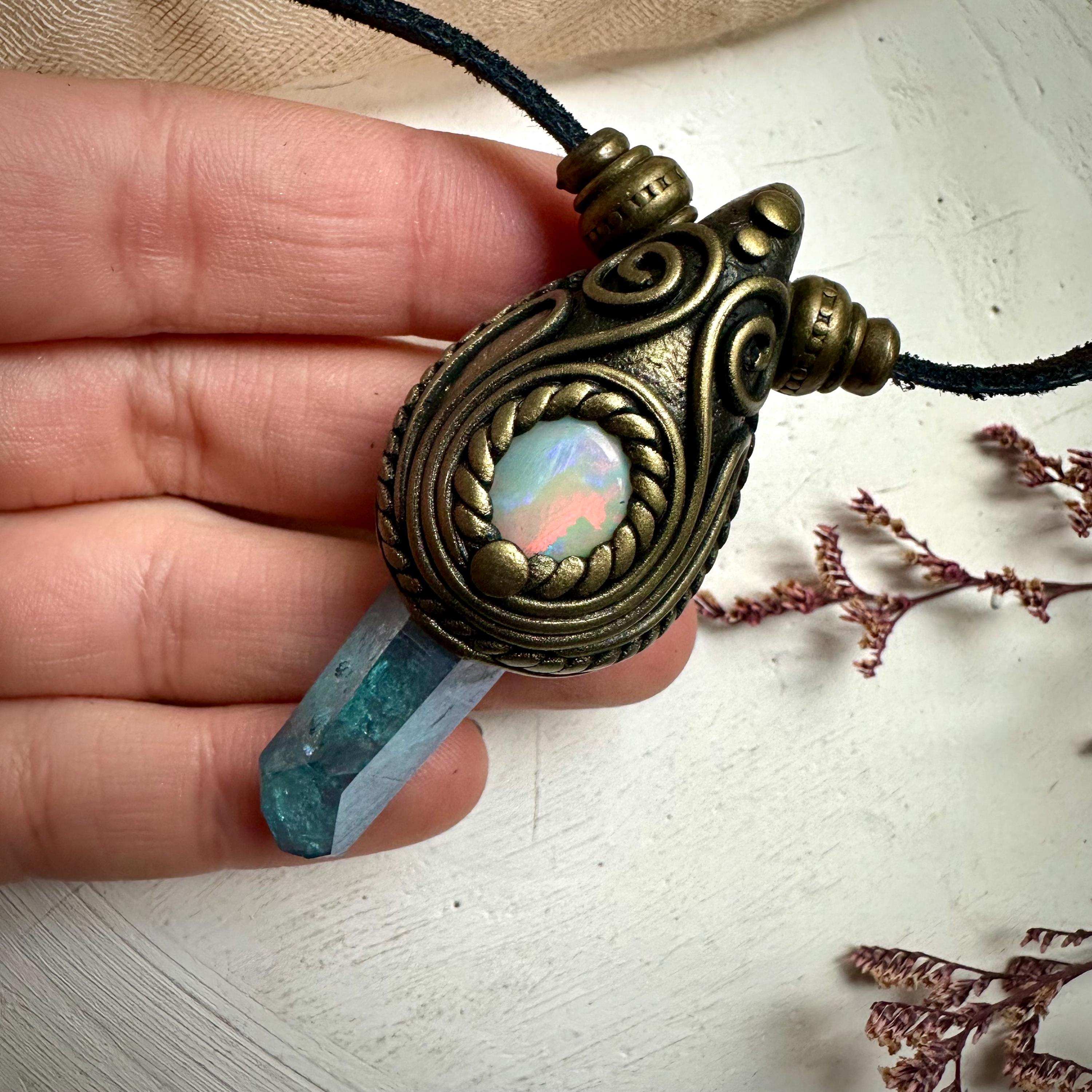Aqua Aura Quartz and Australian Opal Necklace - FairyGardenGlow