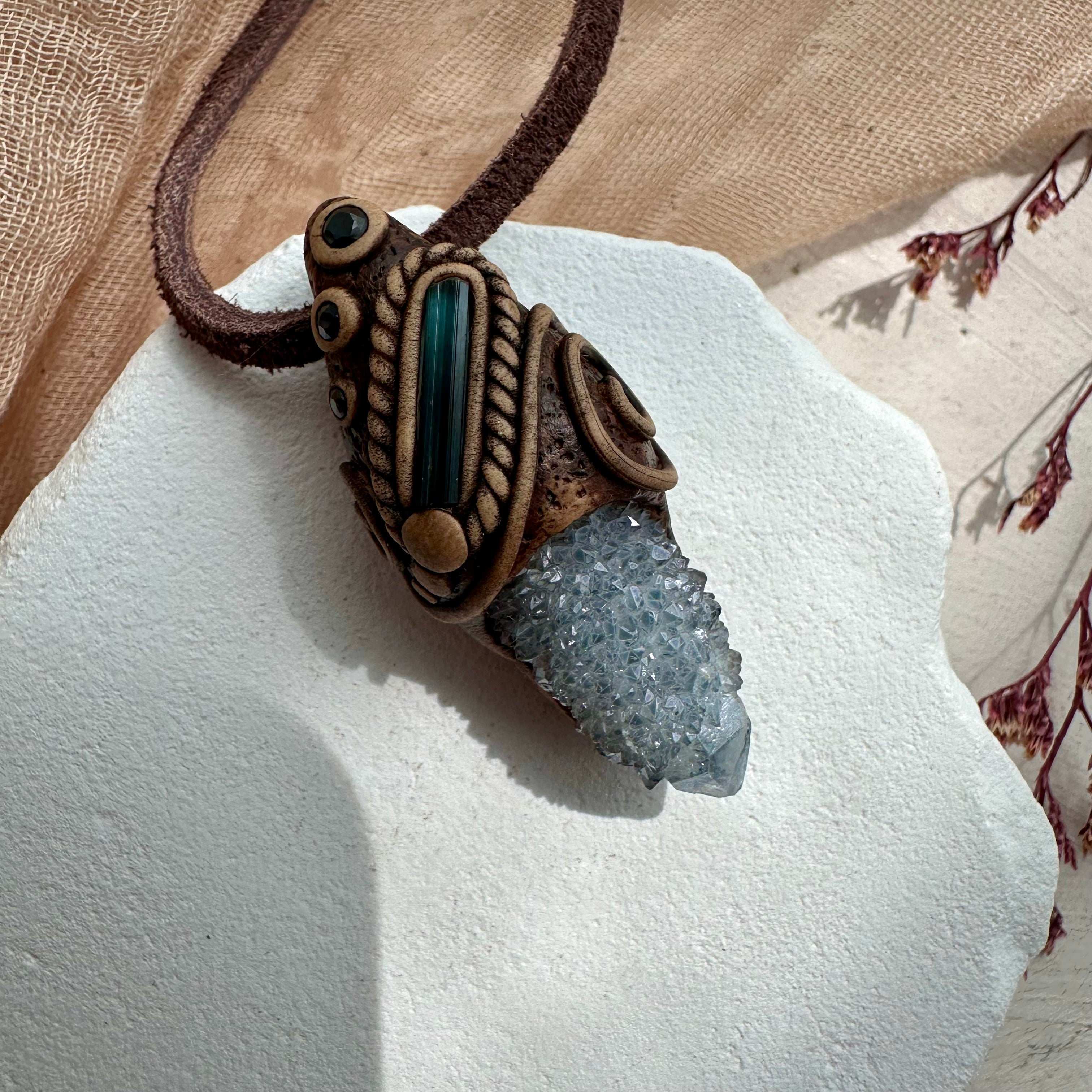 Aqua Aura Spirit Quartz Blue Tourmaline and Blue Sapphire Pendant - FairyGardenGlow