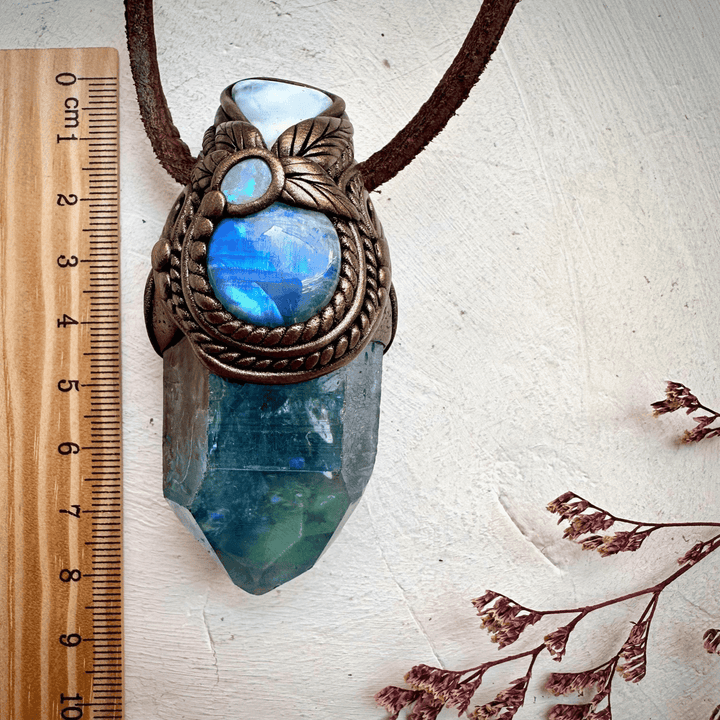 Aqua Aura Quartz Larimar Rainbow Moonstone and Australian Opal Wand / Necklace - FairyGardenGlow