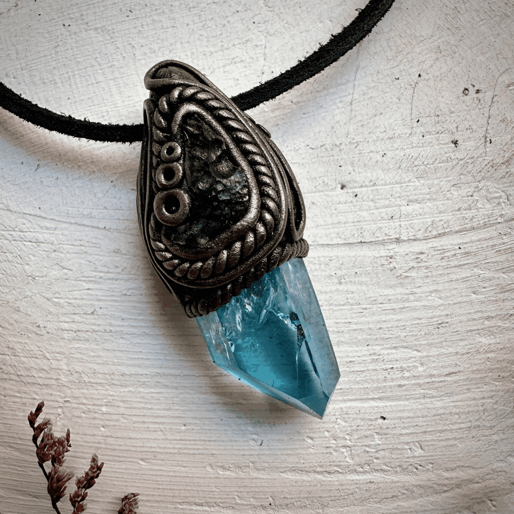 Aqua Aura Quartz and Moldavite Necklace - FairyGardenGlow