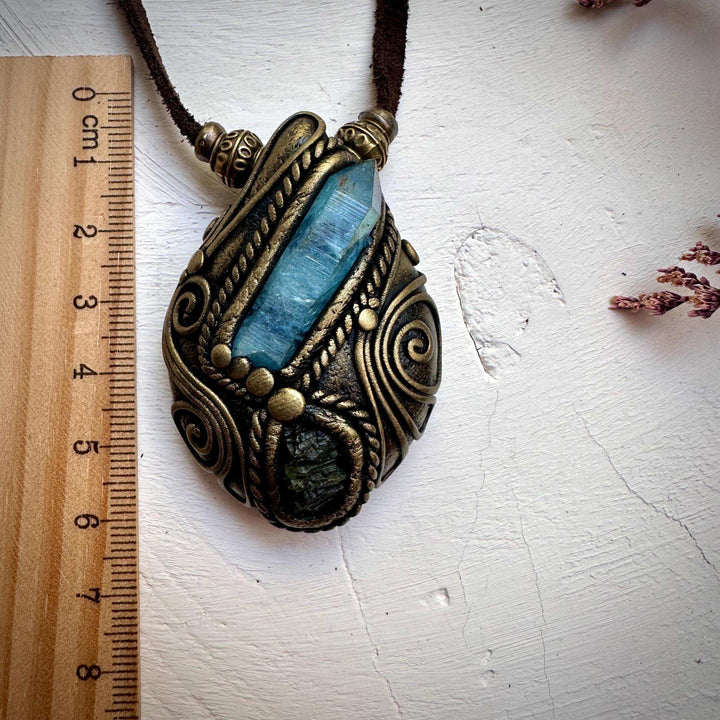 Aqua Aura Quartz and Moldavite Necklace - FairyGardenGlow