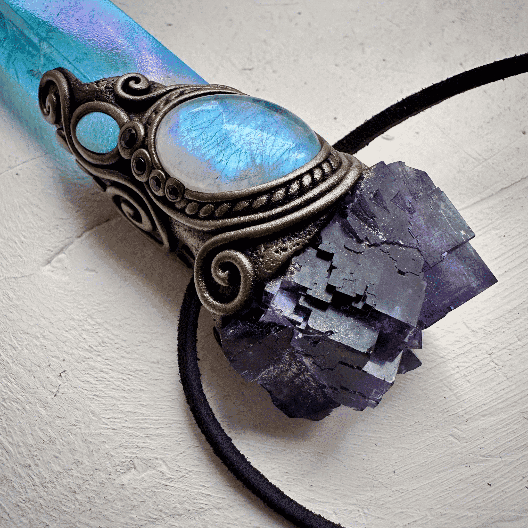 Aqua Aura Quartz Cubic Purple Fluorite Rainbow Moonstone Australian Opal Doublet and Blue Sapphire Wand / Pendant - FairyGardenGlow