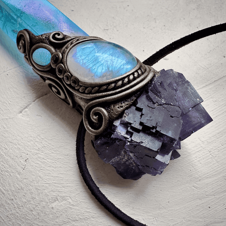 Aqua Aura Quartz Cubic Purple Fluorite Rainbow Moonstone Australian Opal Doublet and Blue Sapphire Wand / Pendant - FairyGardenGlow