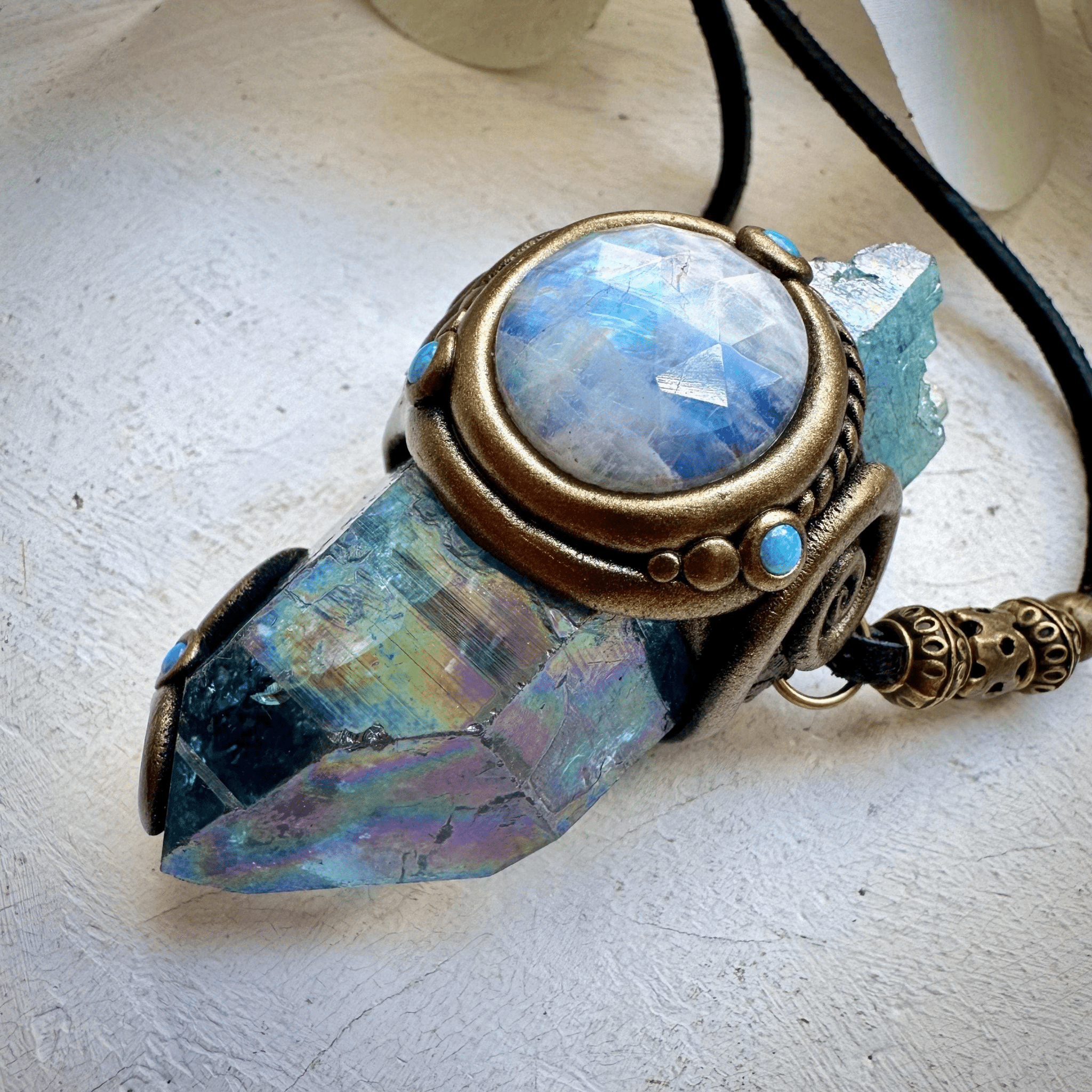 Aqua Aura Quartz Rainbow Moonstone Australian Opal Wand / Necklace - FairyGardenGlow