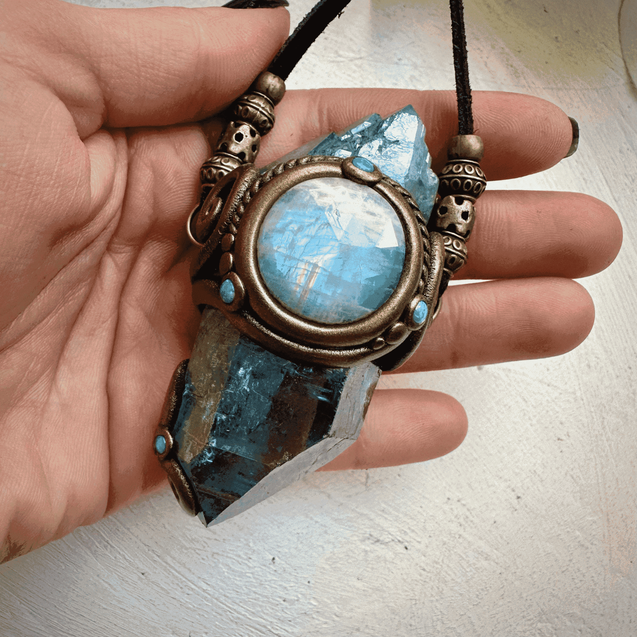 Aqua Aura Quartz Rainbow Moonstone Australian Opal Wand / Necklace - FairyGardenGlow