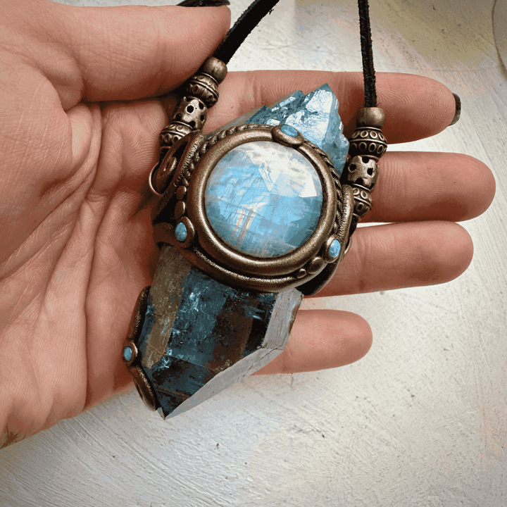 Aqua Aura Quartz Rainbow Moonstone Australian Opal Wand / Necklace - FairyGardenGlow