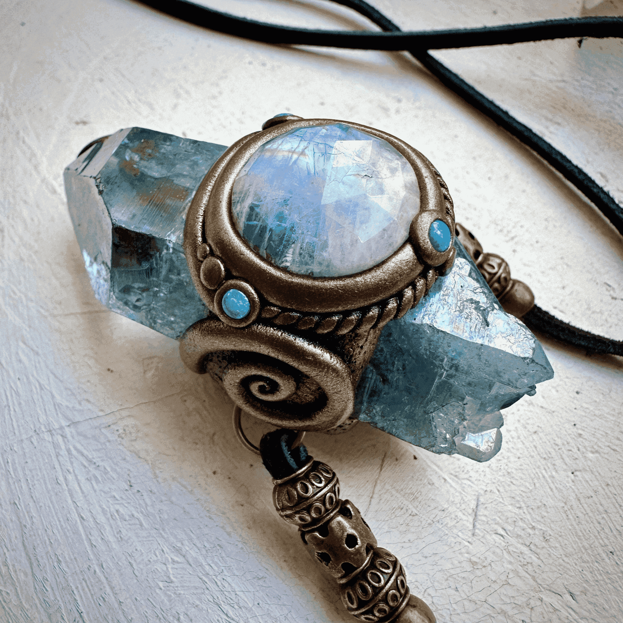 Aqua Aura Quartz Rainbow Moonstone Australian Opal Wand / Necklace - FairyGardenGlow