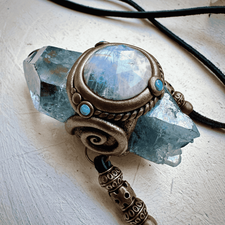 Aqua Aura Quartz Rainbow Moonstone Australian Opal Wand / Necklace - FairyGardenGlow