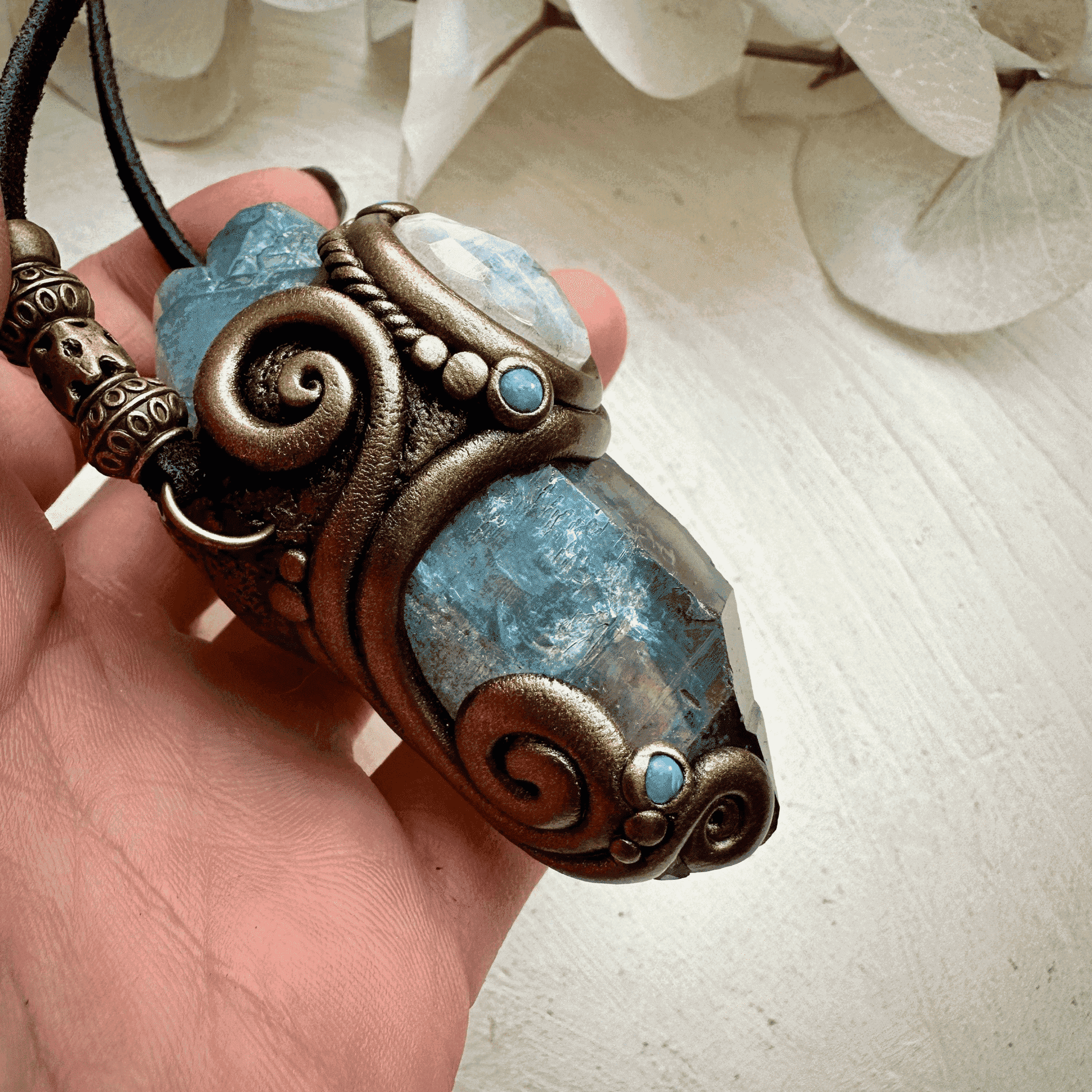 Aqua Aura Quartz Rainbow Moonstone Australian Opal Wand / Necklace - FairyGardenGlow
