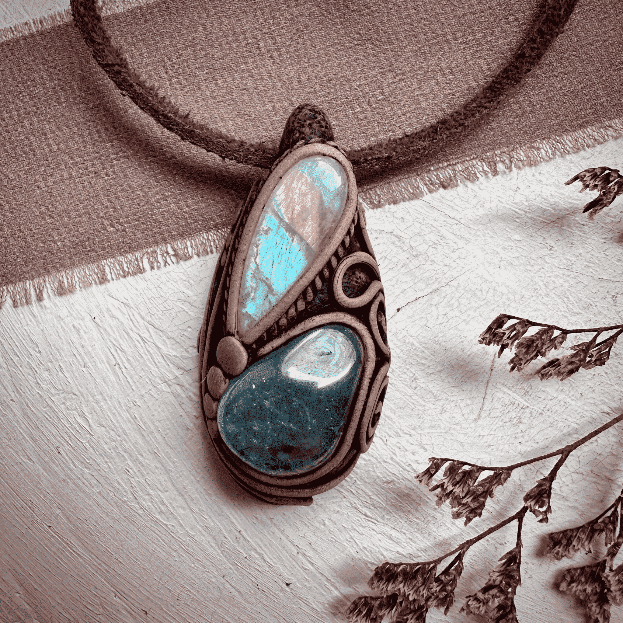 Aqua Aura Quartz and Rainbow Moonstone Necklace - FairyGardenGlow