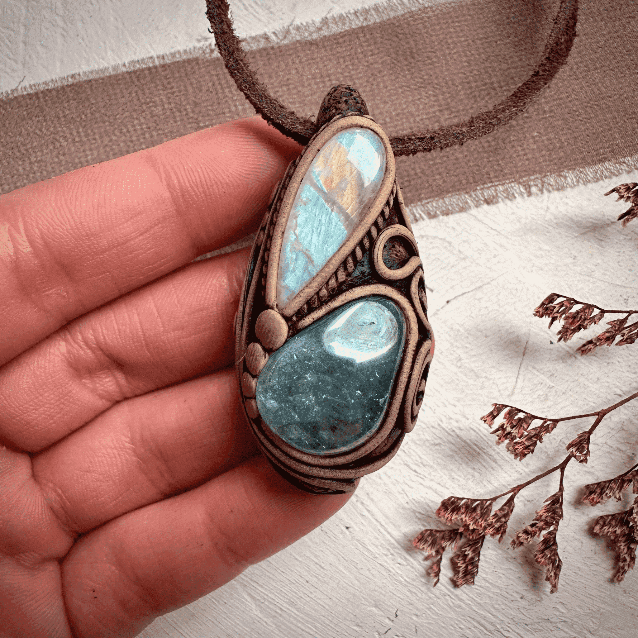 Aqua Aura Quartz and Rainbow Moonstone Necklace - FairyGardenGlow
