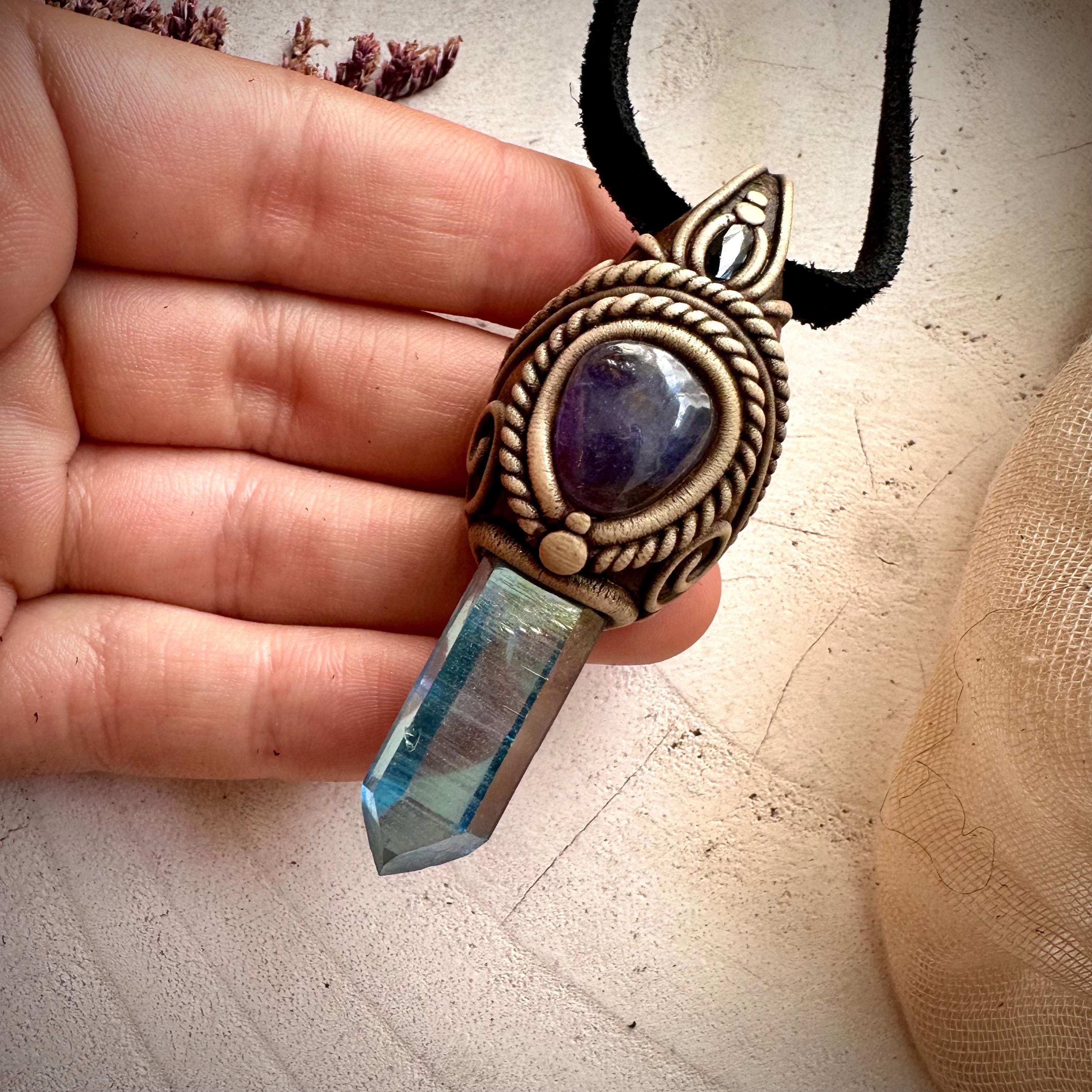 Aqua Aura Quartz Tanzanite and Blue Sapphire Necklace - FairyGardenGlow