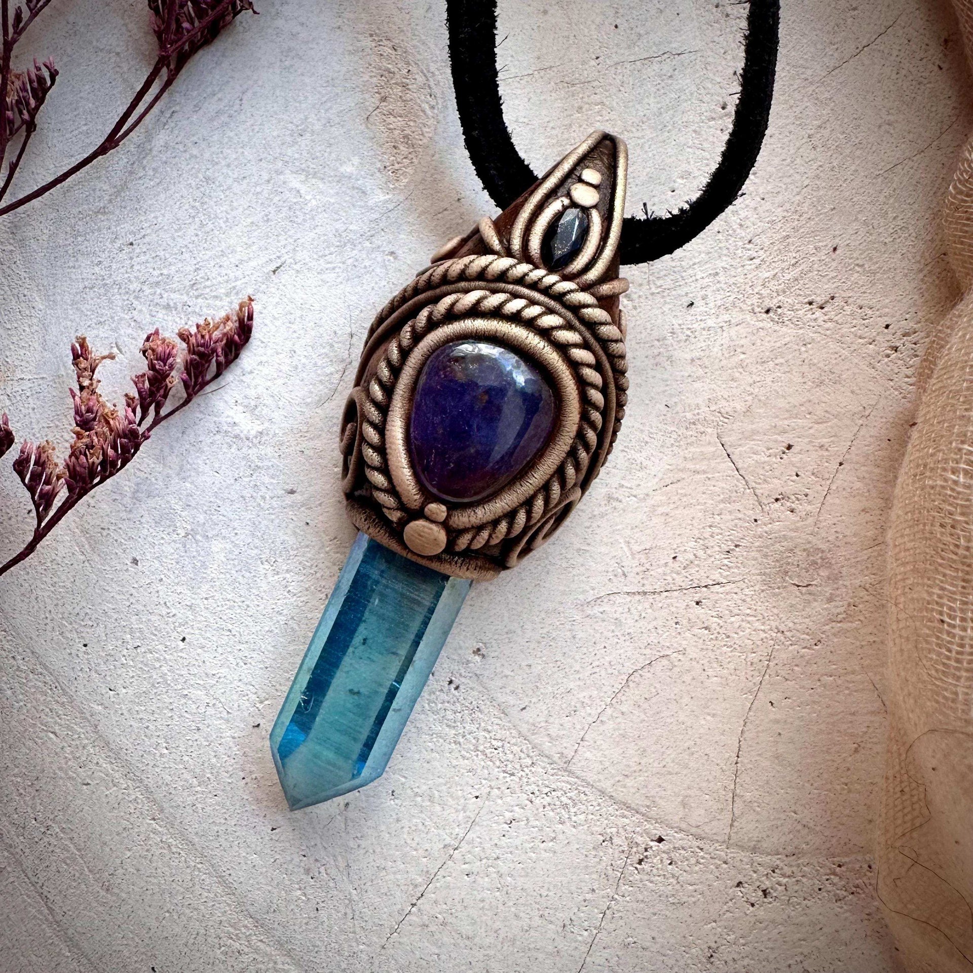 Aqua Aura Quartz Tanzanite and Blue Sapphire Necklace - FairyGardenGlow
