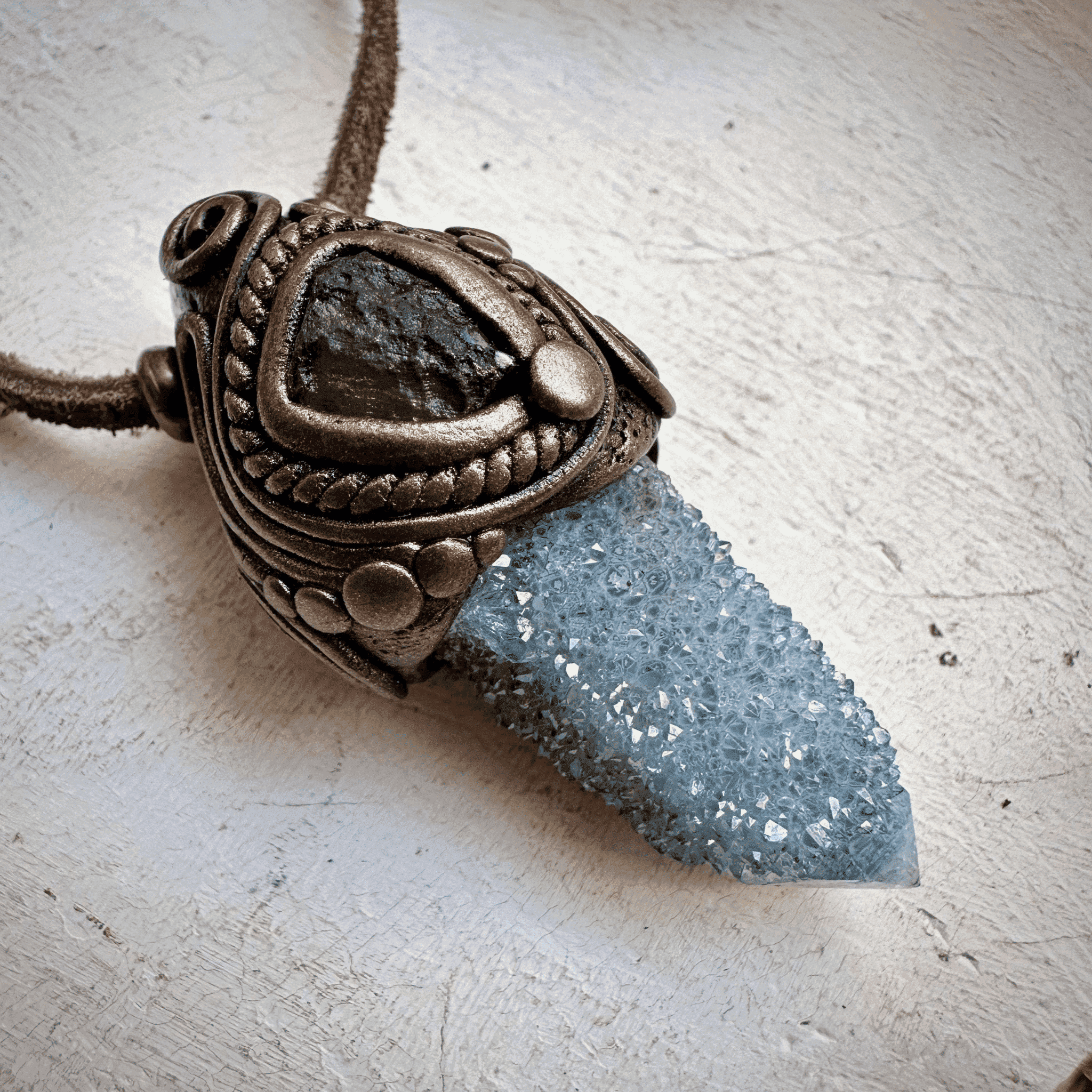 Aqua Aura Spirit Quartz and Moldavite Necklace - FairyGardenGlow