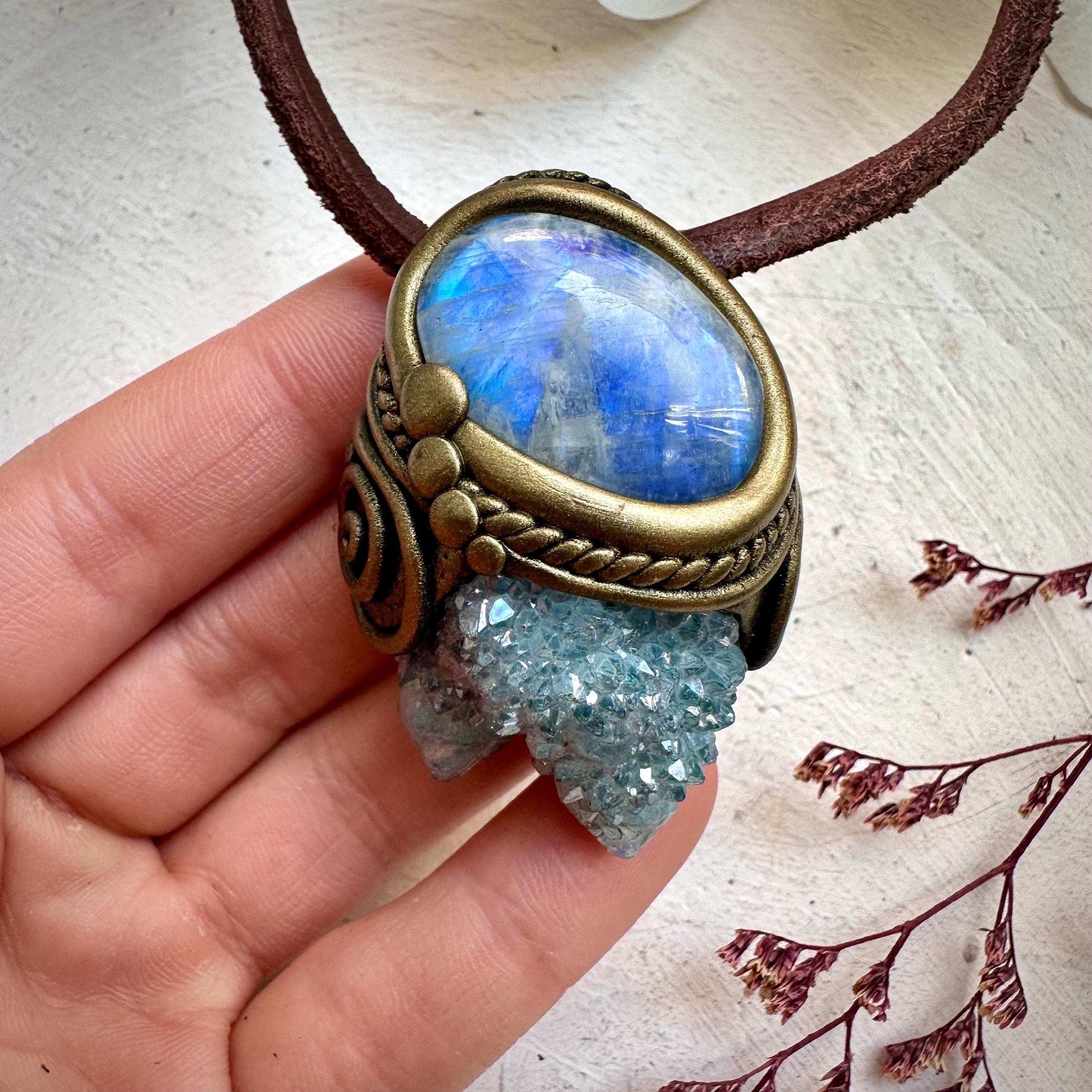 Aqua Aura Spirit Quartz and Rainbow Moonstone Necklace - FairyGardenGlow