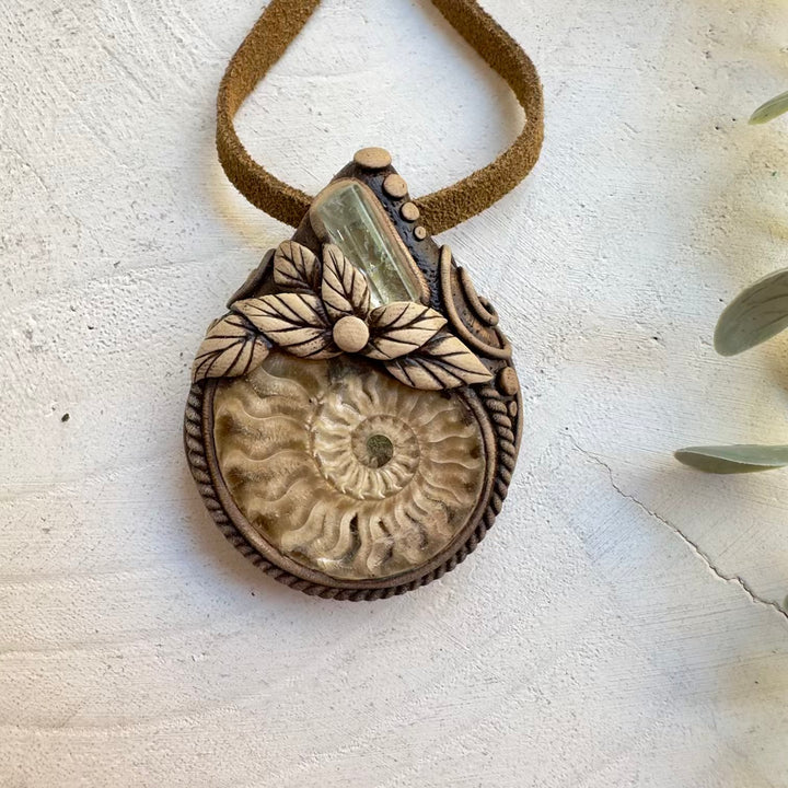 Aquamarine pendant with ammonite natural fossil stone handmade stone jewelry
