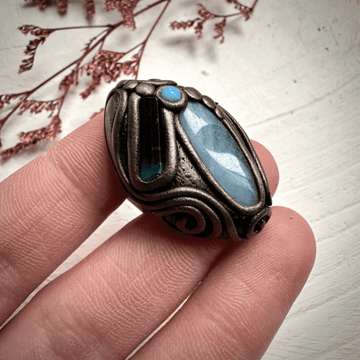Aquamarine Blue Tourmaline and Australian Opal Ring - FairyGardenGlow