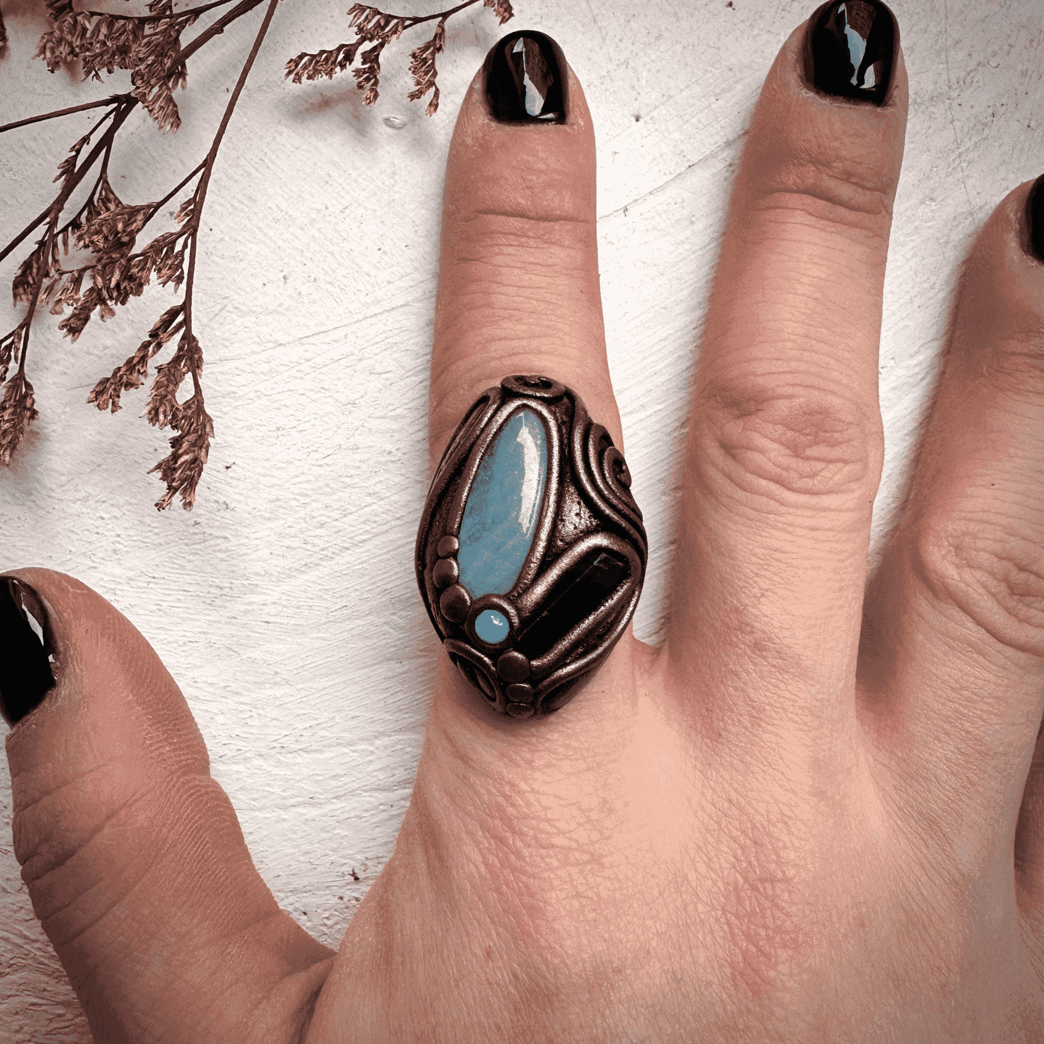 Aquamarine Blue Tourmaline and Australian Opal Ring - FairyGardenGlow