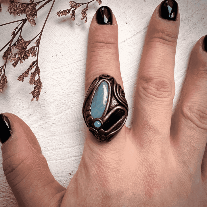 Aquamarine Blue Tourmaline and Australian Opal Ring - FairyGardenGlow