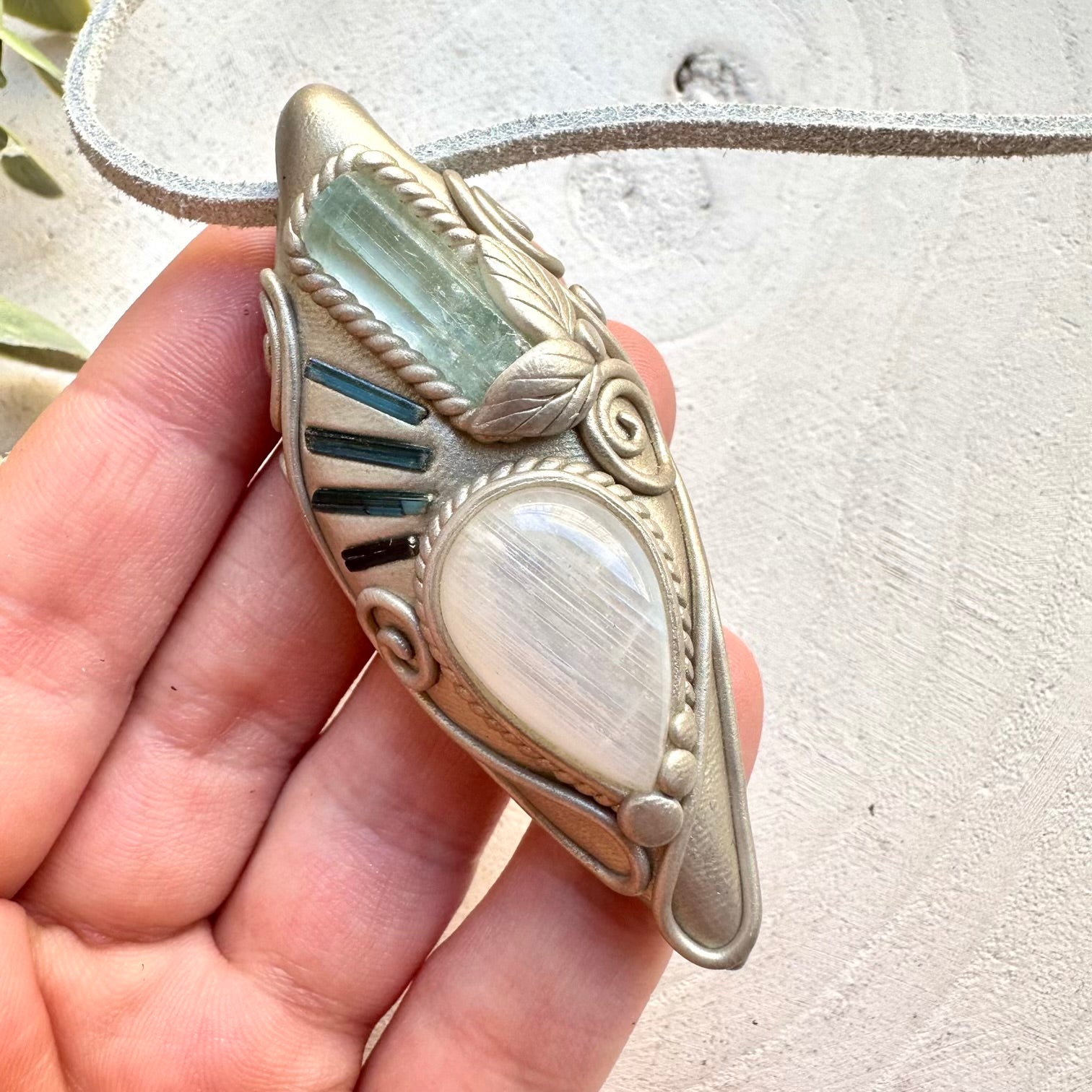 Aquamarine with blue tourmaline and moonstone pendant necklace