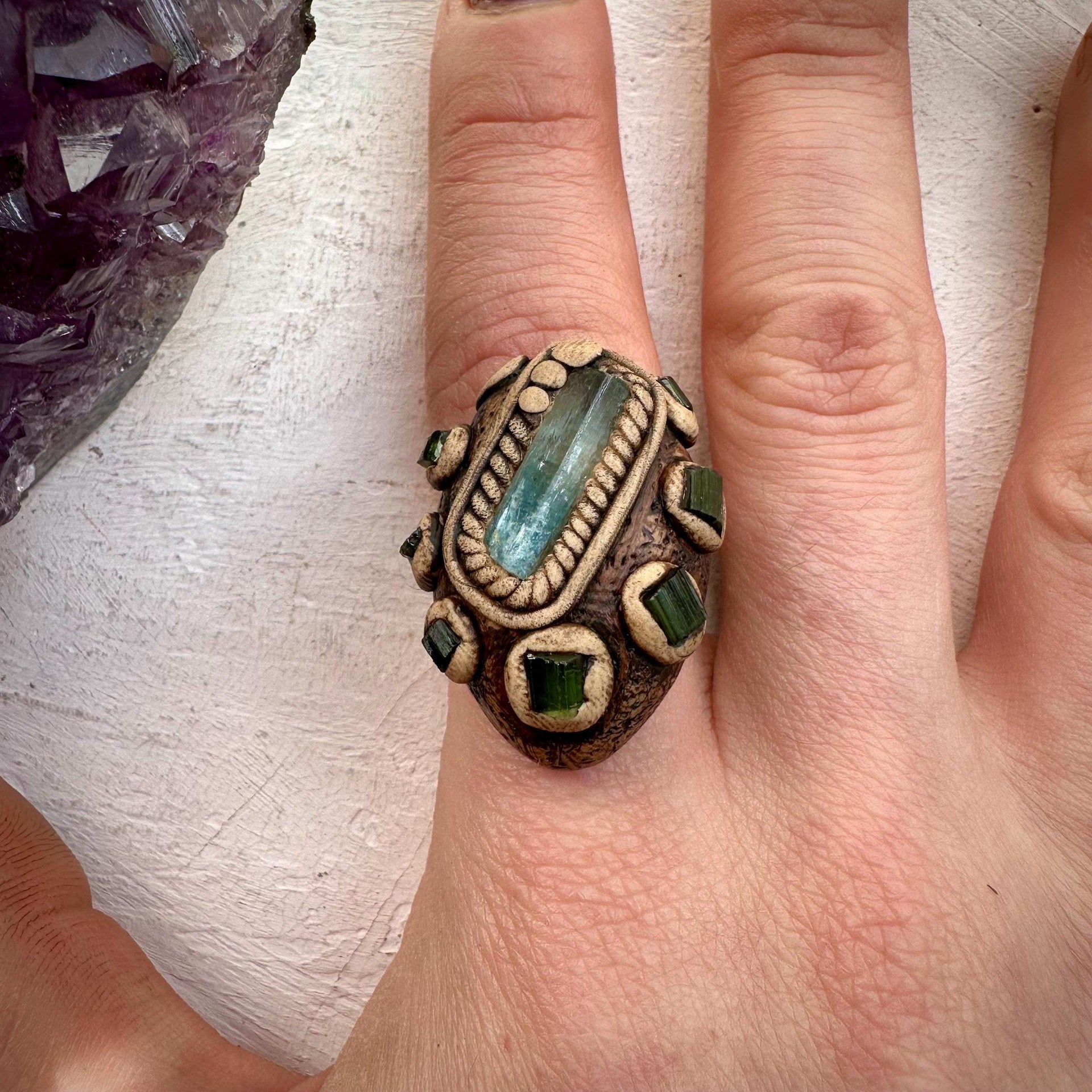 Aquamarine and Green Tourmaline Ring - FairyGardenGlow