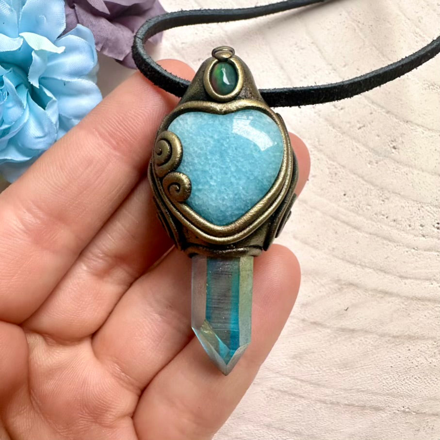 Handmade Aquamarine heart with iridescent Aqua Aura Quartz and Ethiopian Black Opal pendant, spiritual crystal jewelry.