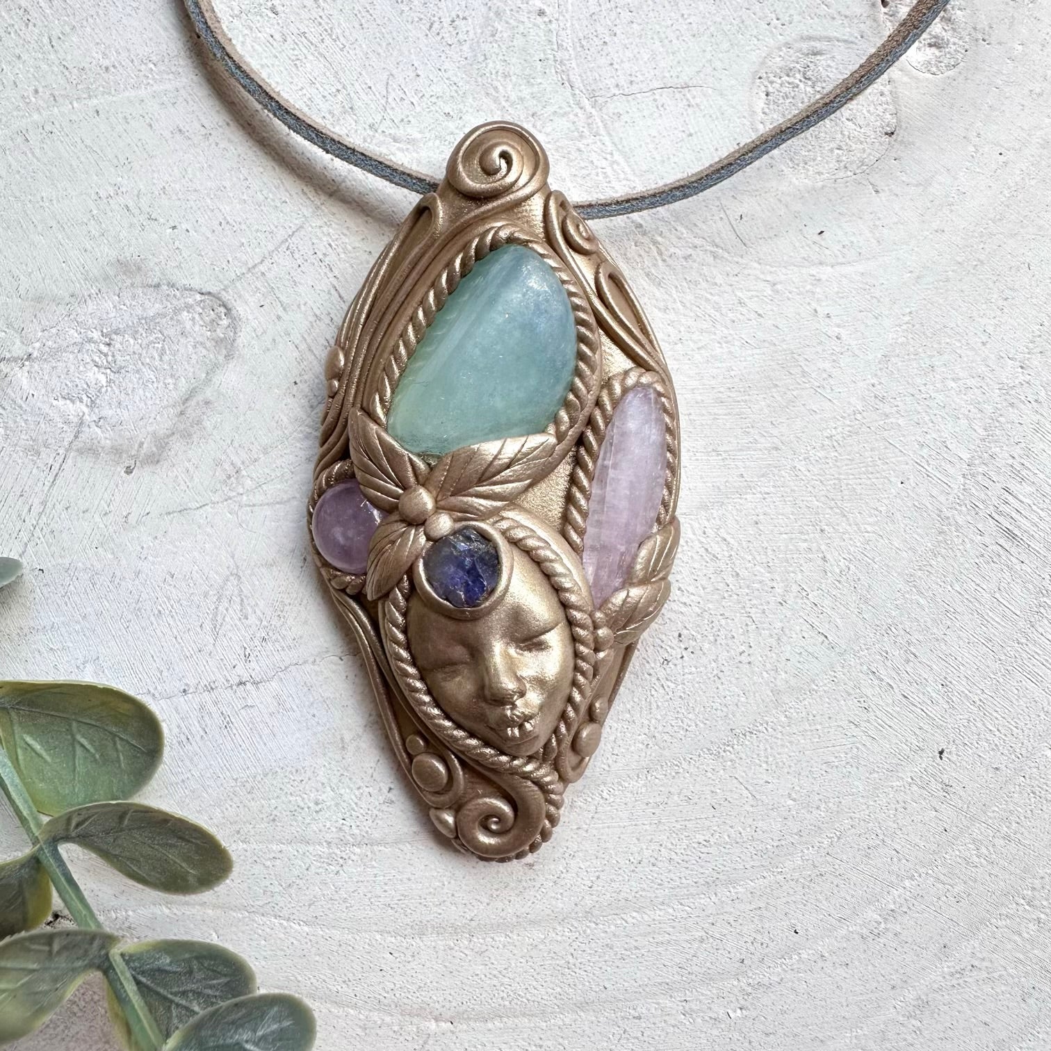 Handmade clay goddess necklace with aquamarine and kunzite