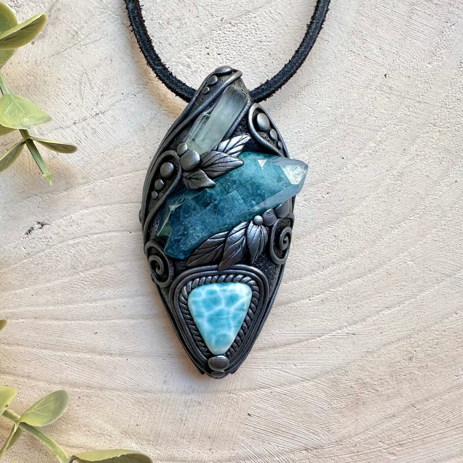 Handmade necklace with aura quartz aquamarine and larimar