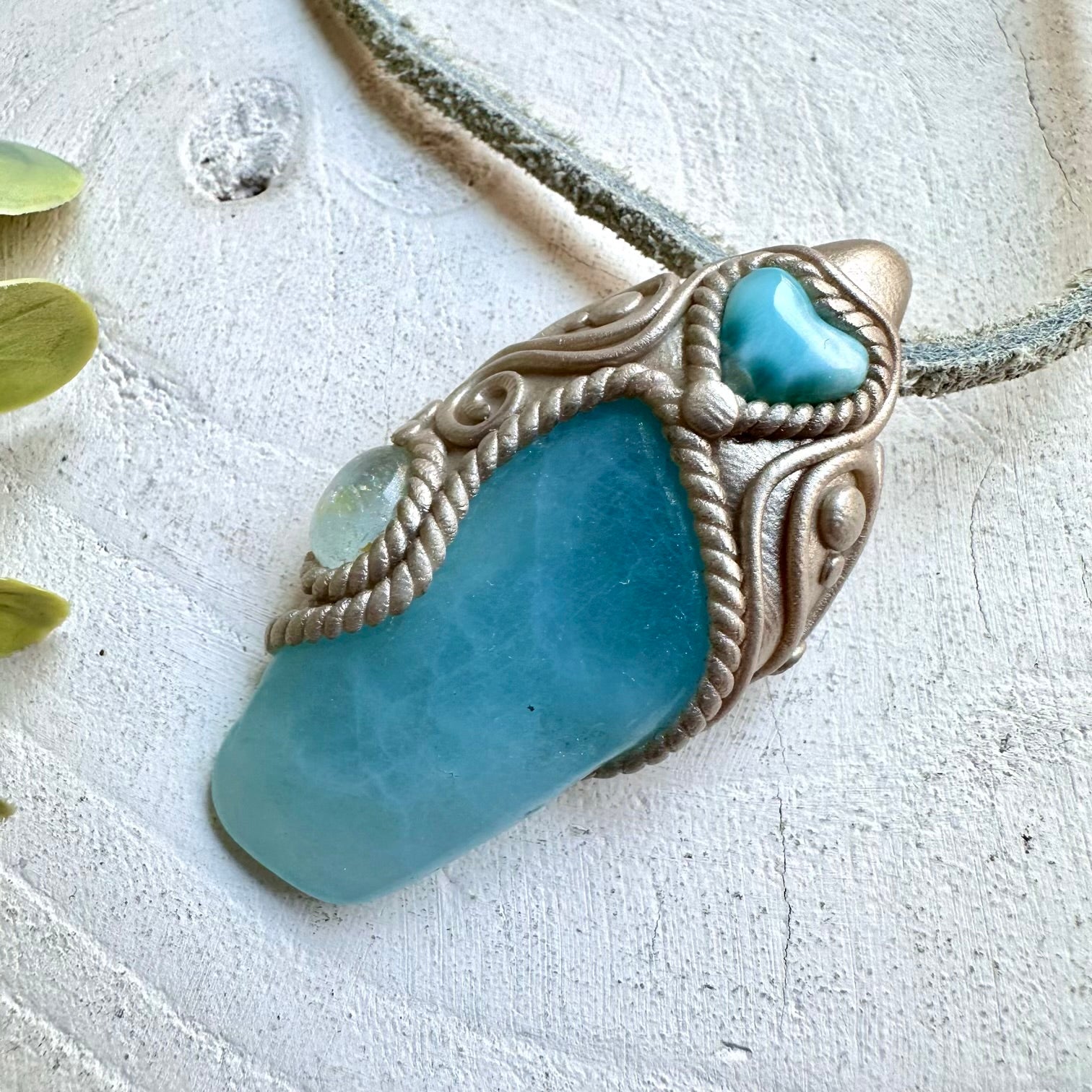 Boho jewelry protection amulet crystal necklace with aquamarine larimar and topaz