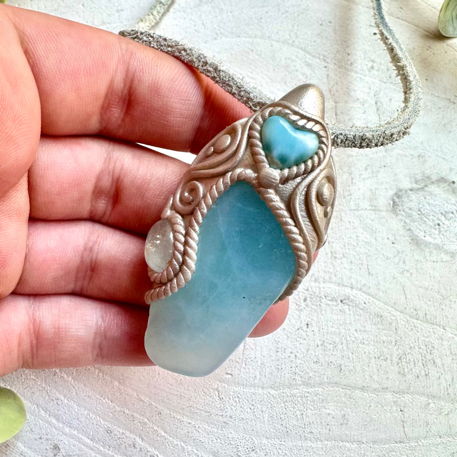 Aquamarine Larimar Heart and Blue Topaz healing crystal necklace