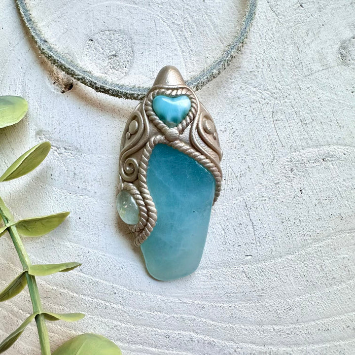 Aquamarine Larimar Heart and Blue Topaz pendant necklace handmade