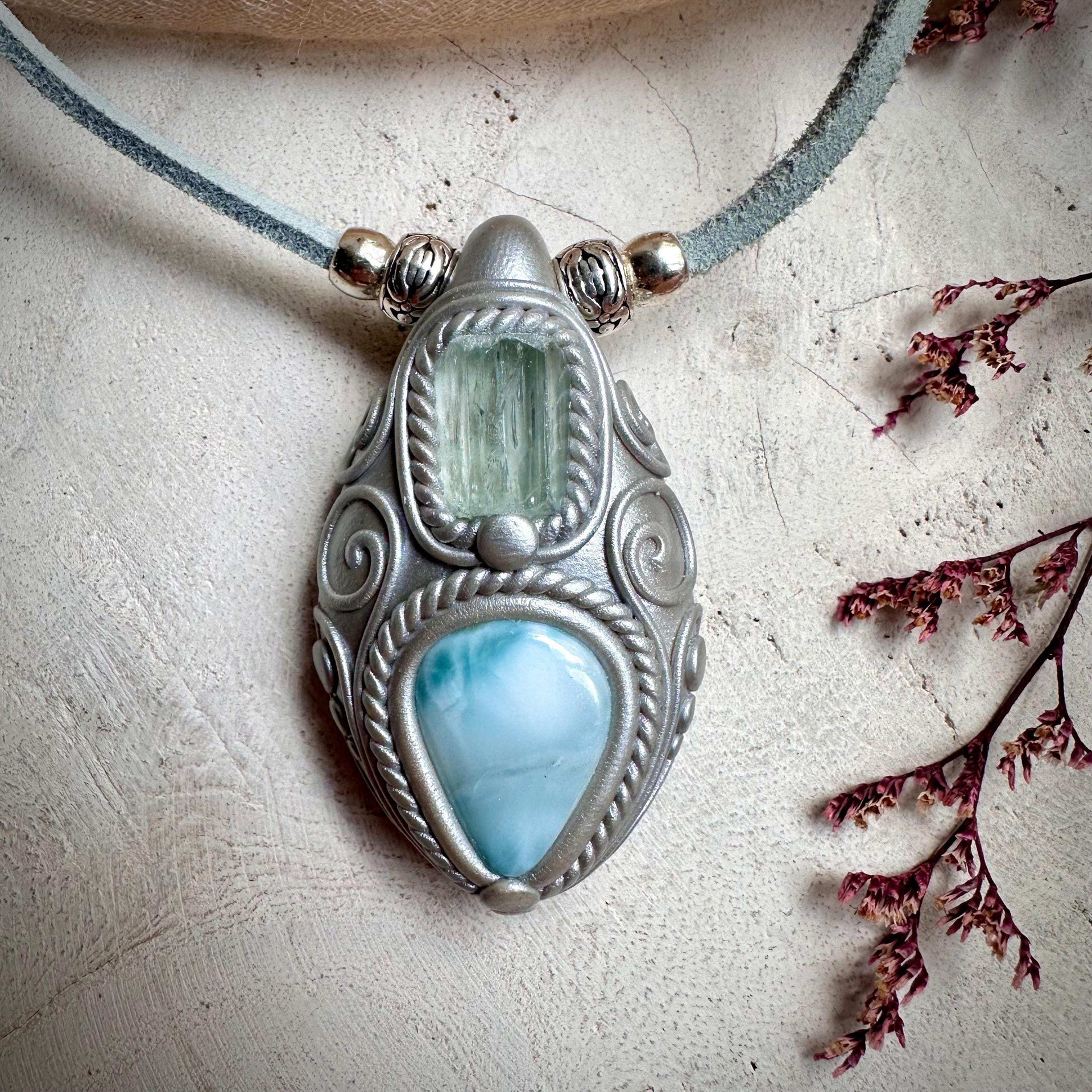 Aquamarine and Larimar Necklace - FairyGardenGlow