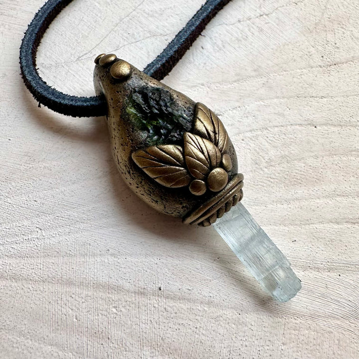 Energy pendant with moldavite and aquamarine unisex