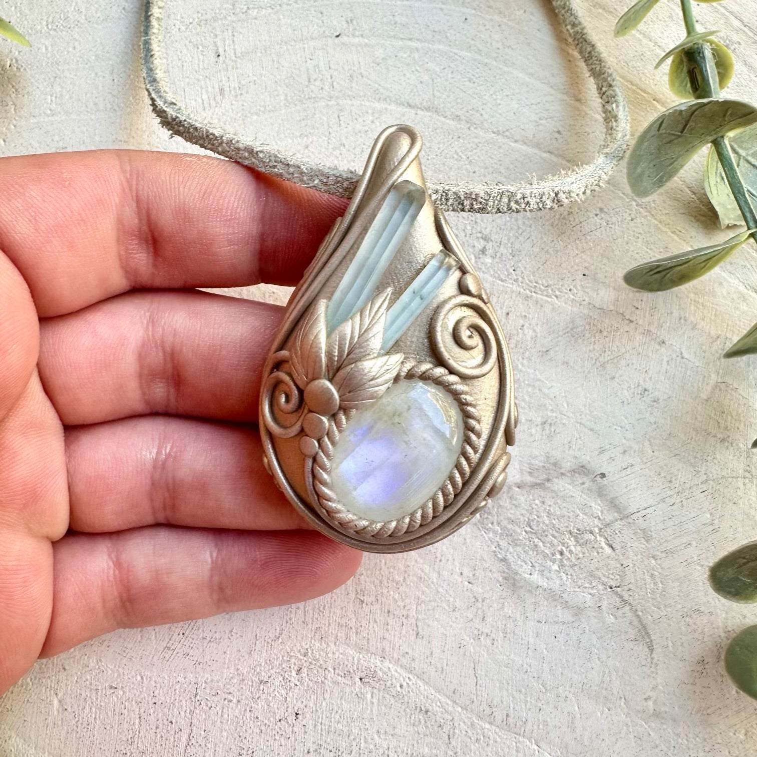 Aquamarine and Rainbow Moonstone pendant necklace handmade boho healing crystal jewelry