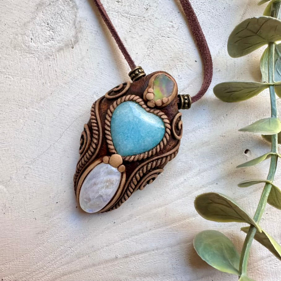 Natural gemstone jewelry necklace with aquamarine moonstone and opal