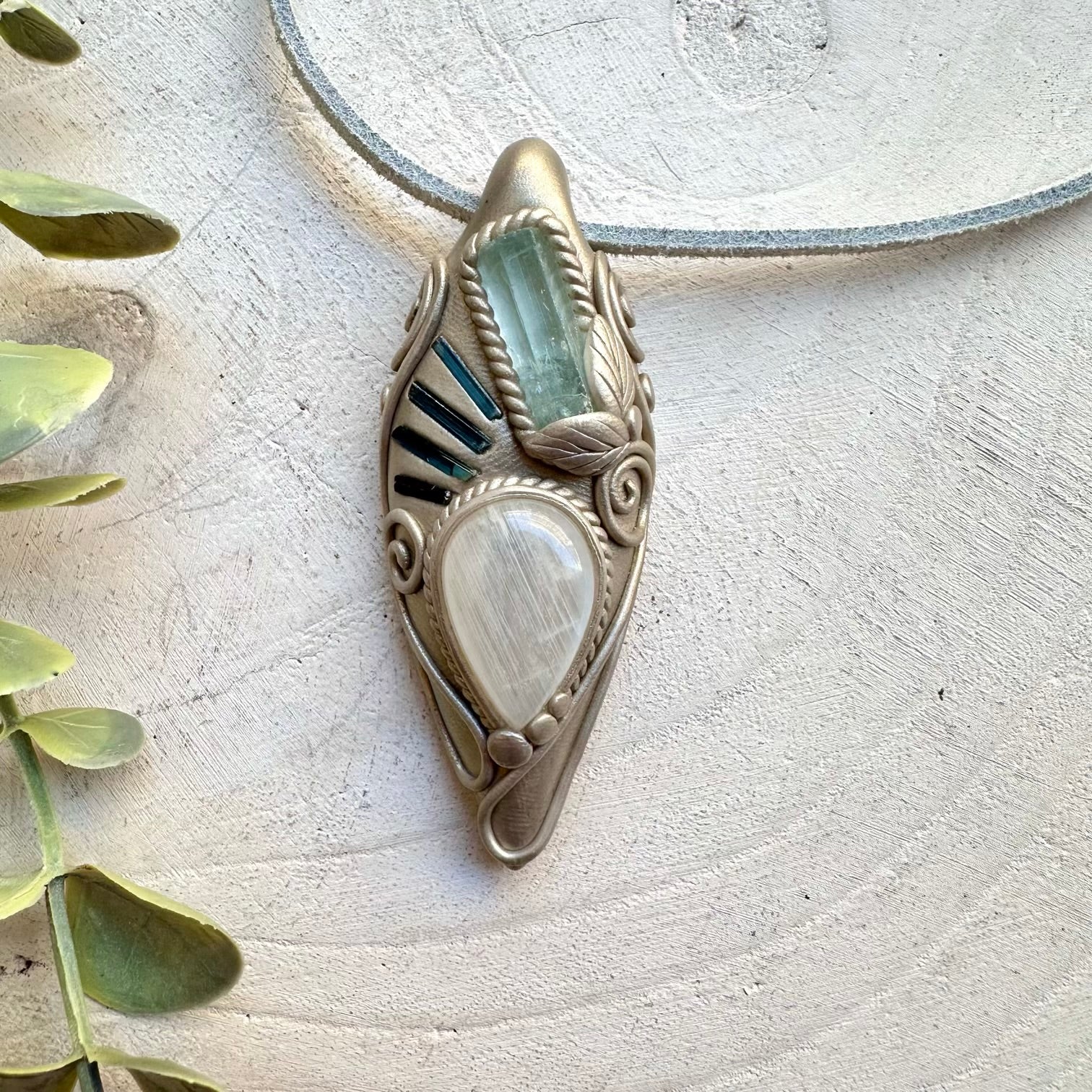 Handmade necklace with aquamarine moonstone and blue tourmaline