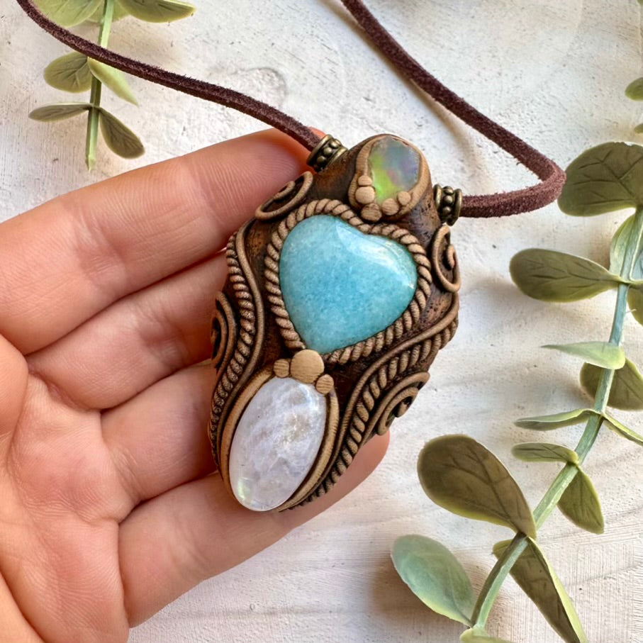 Aquamarine moonstone and raw Ethiopian opal pendant necklace