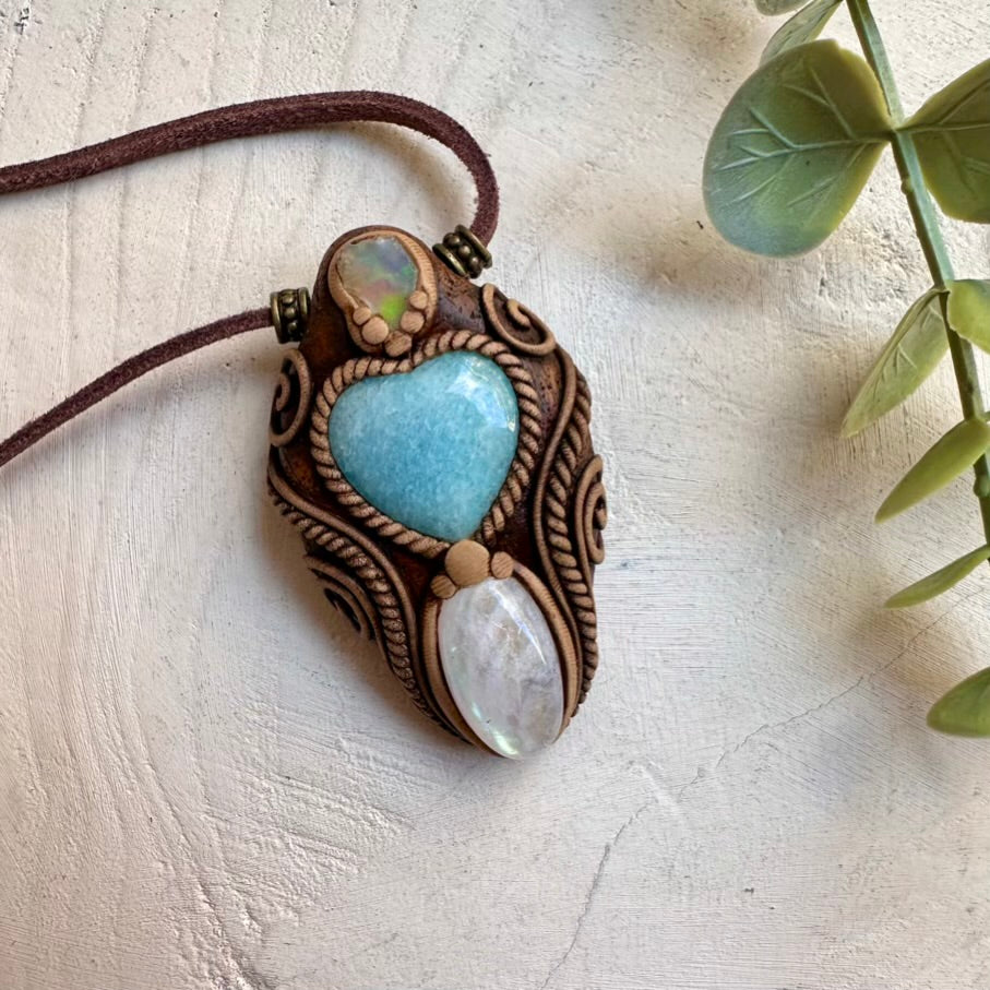 Unique gemstone necklace with aquamarine moonstone and Ethiopian opal