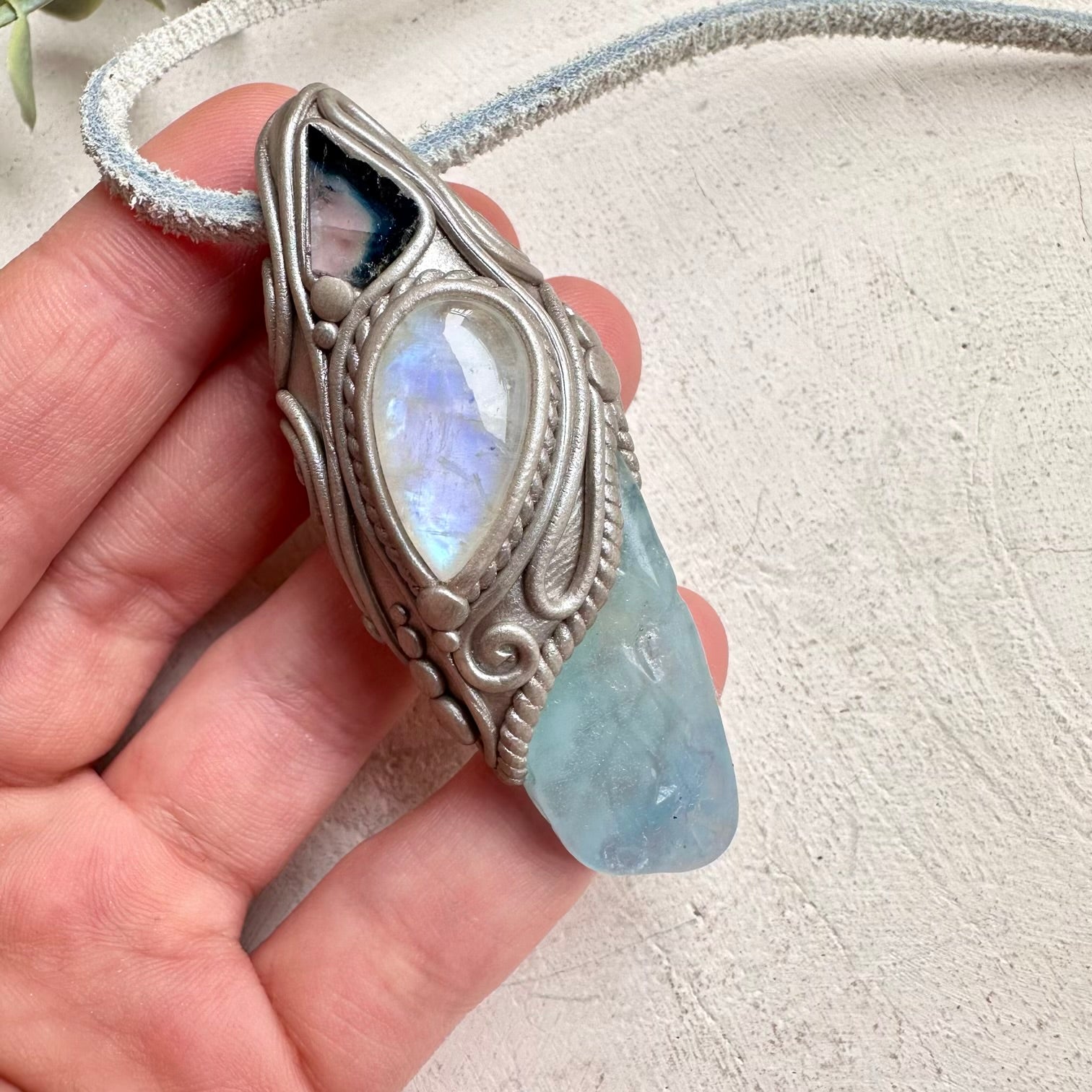 Aquamarine with rainbow moonstone and bi color tourmaline slice pendant necklace