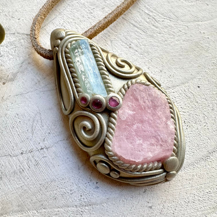One of a kind morganite aquamarine and ruby gemstone necklace