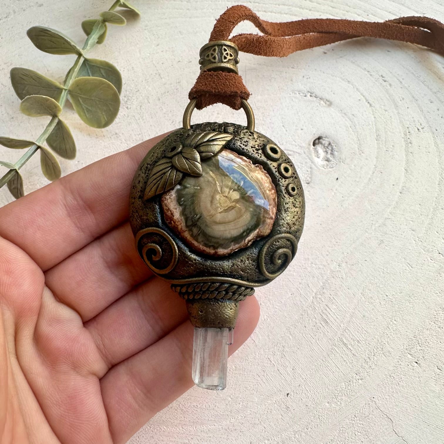 Healing crystal pendant necklace featuring Aquamarine and Petrified Wood