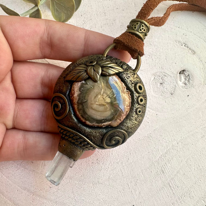 Spiritual necklace combining grounding Petrified Wood and calming Aquamarine