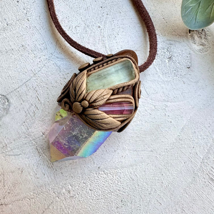 Healing crystal pendant with aura quartz and aquamarine