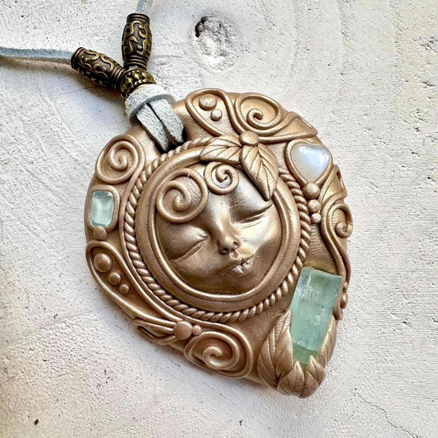 Handmade goddess necklace with aquamarine and moonstone heart