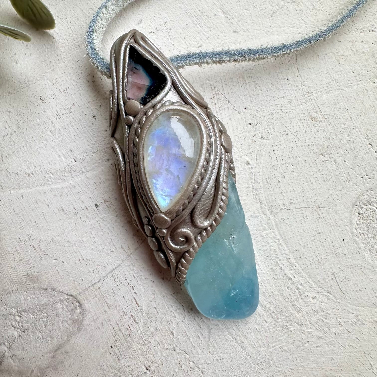Handmade necklace with aquamarine moonstone and tourmaline slice