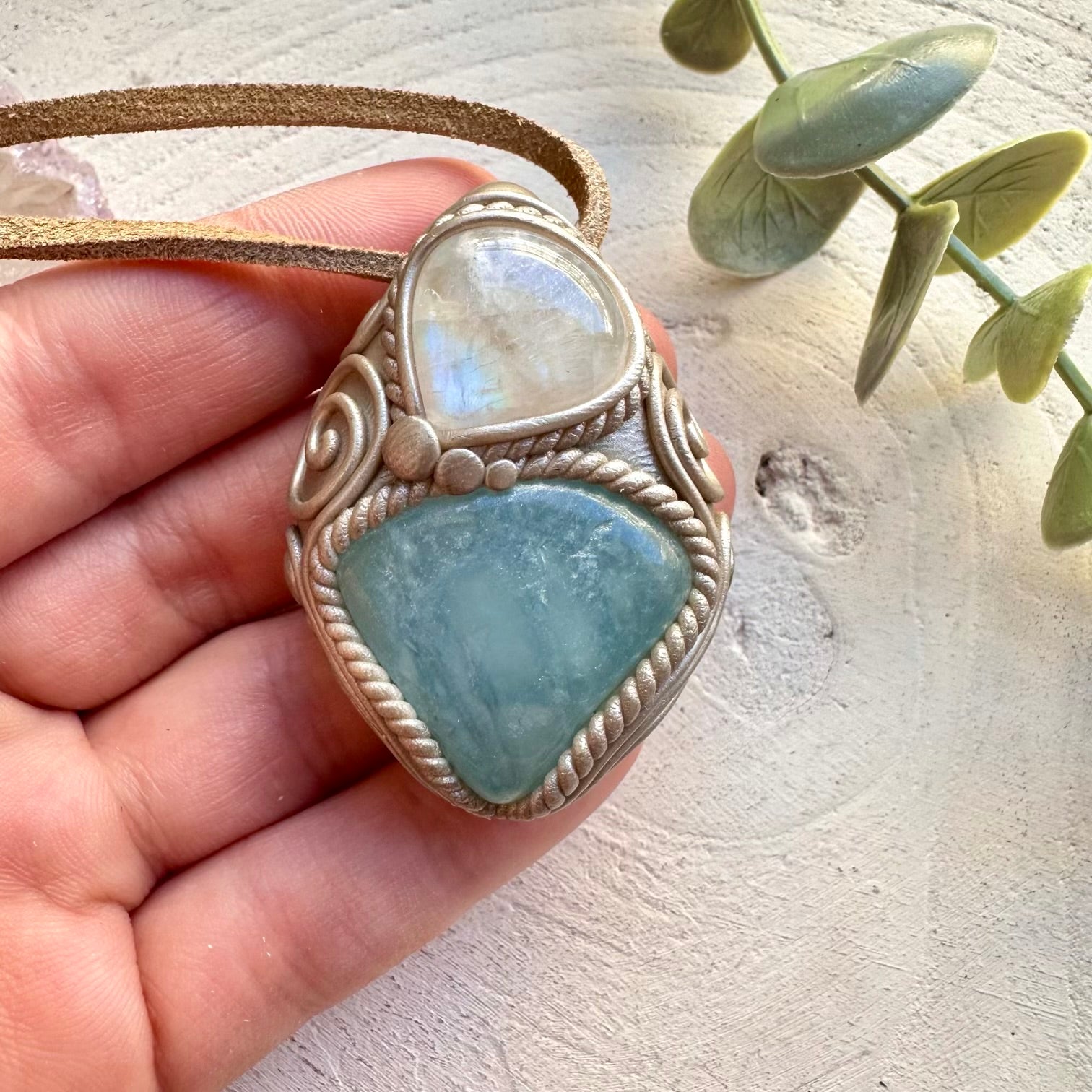 Aquamarine and rainbow moonstone necklace