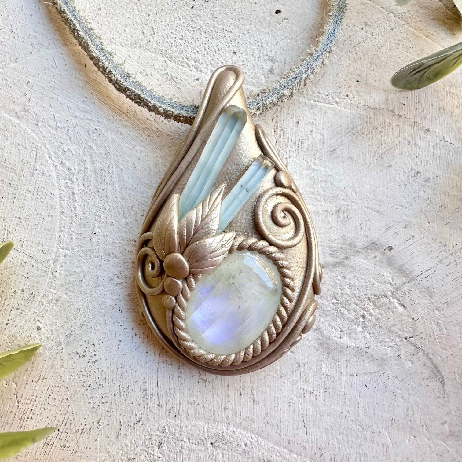 Aquamarine and Rainbow Moonstone pendant necklace